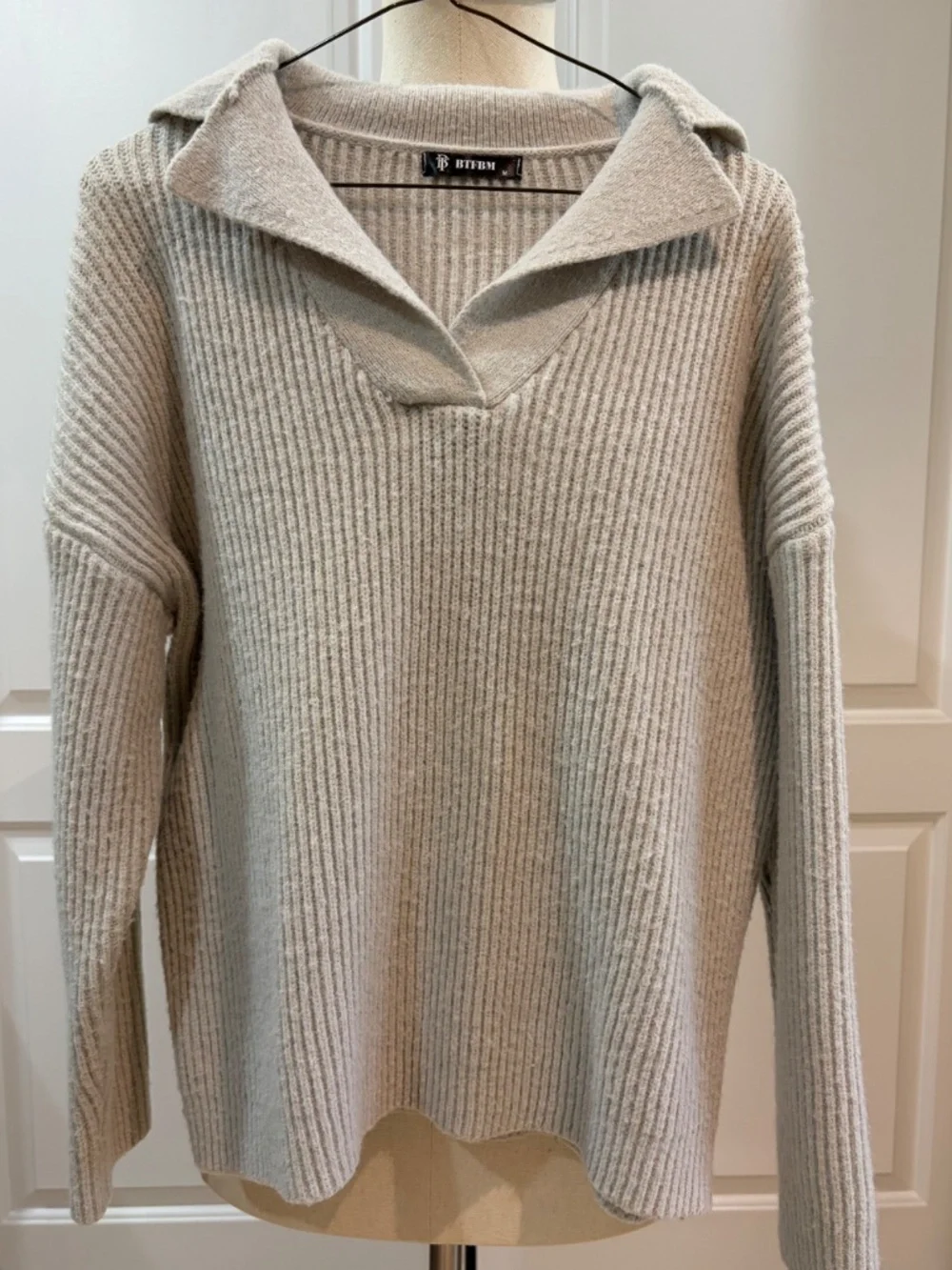 BTFBM Beige Ribbed Collared Sweater - Picture 1 of 3